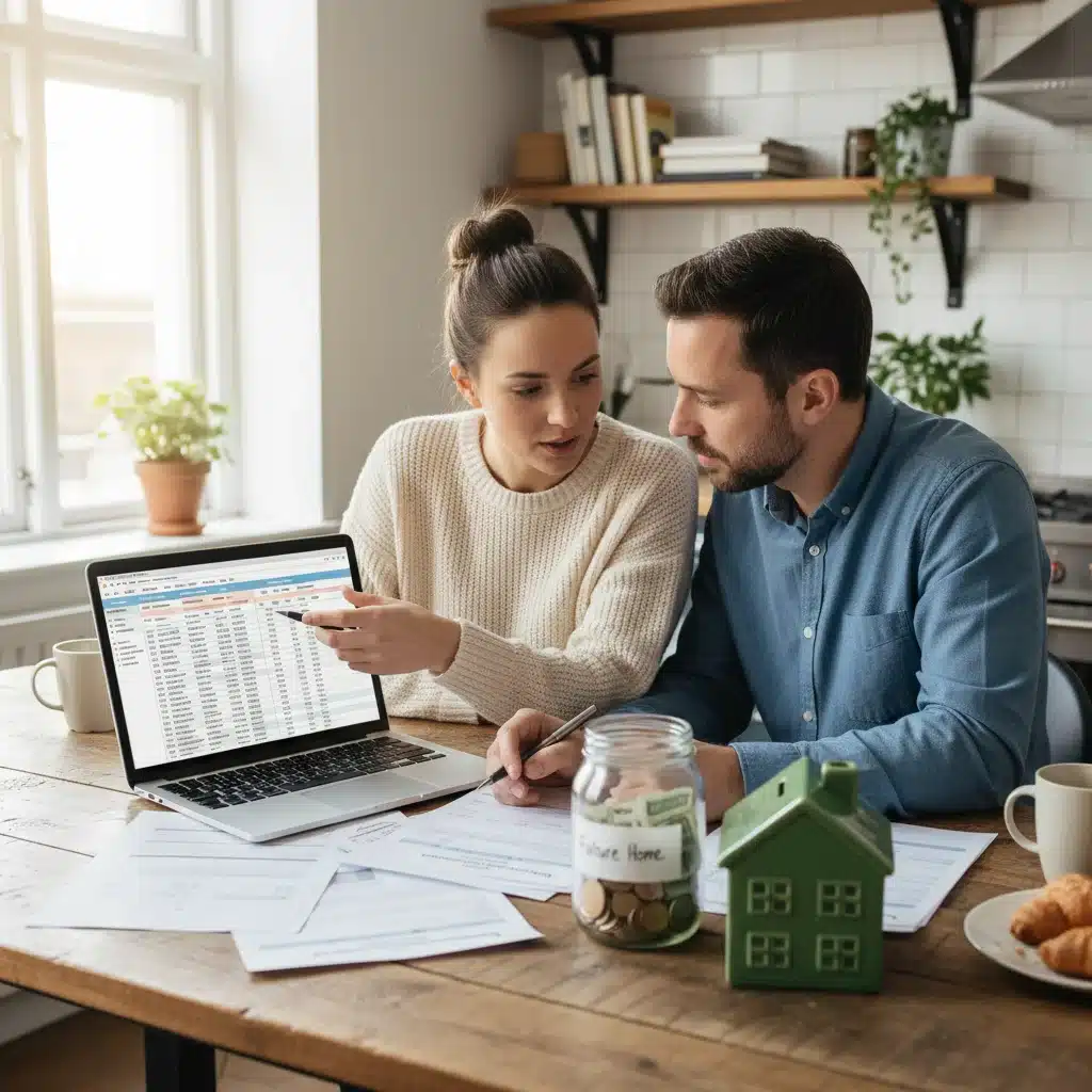 Couple diligently reviewing financial documents for home buying.