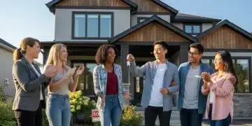 First-time buyers receiving house keys in a bright, modern suburban setting.