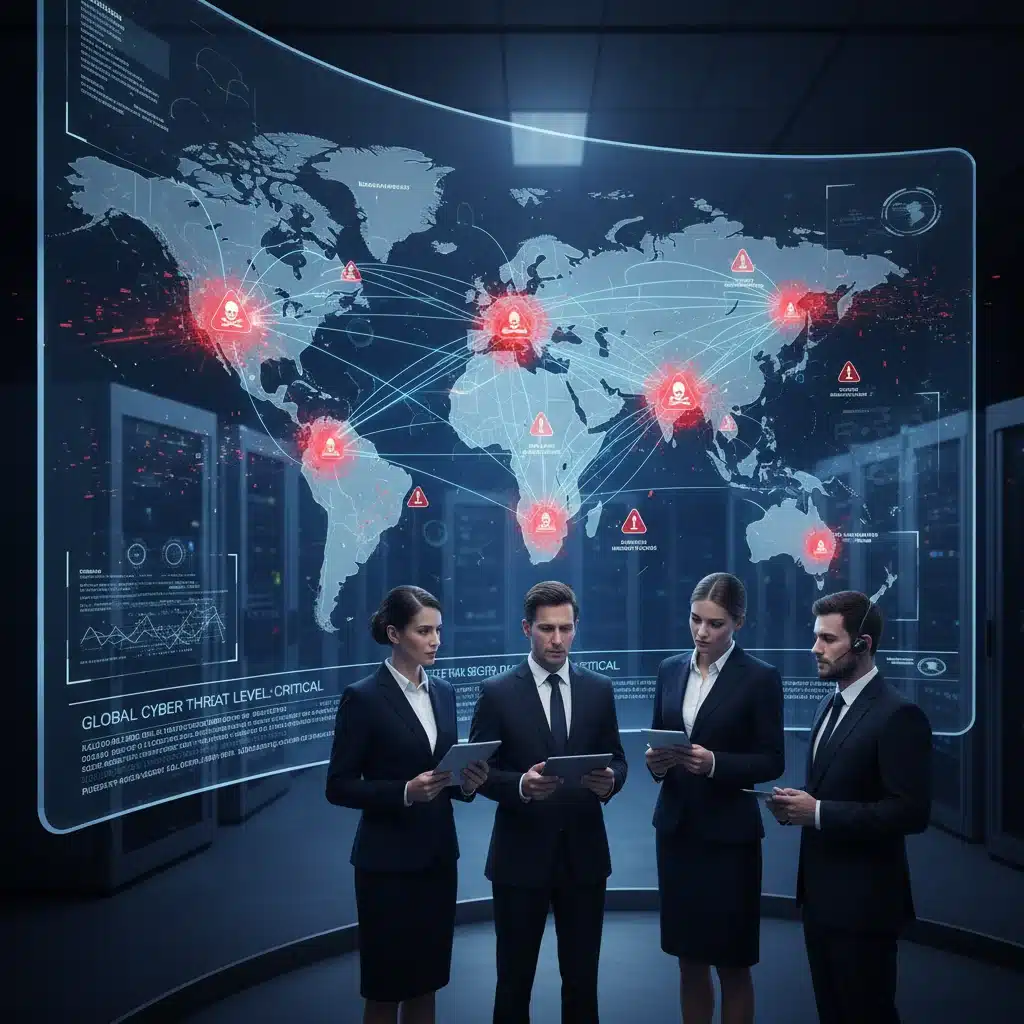 Infographic depicting global cyber threat landscape with data breach alerts.