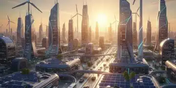 Futuristic cityscape with wind turbines, solar panels, and electric vehicles, representing green energy infrastructure investment.