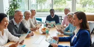 Seniors discussing Medicare Advantage benefits with a healthcare professional, looking happy and engaged.