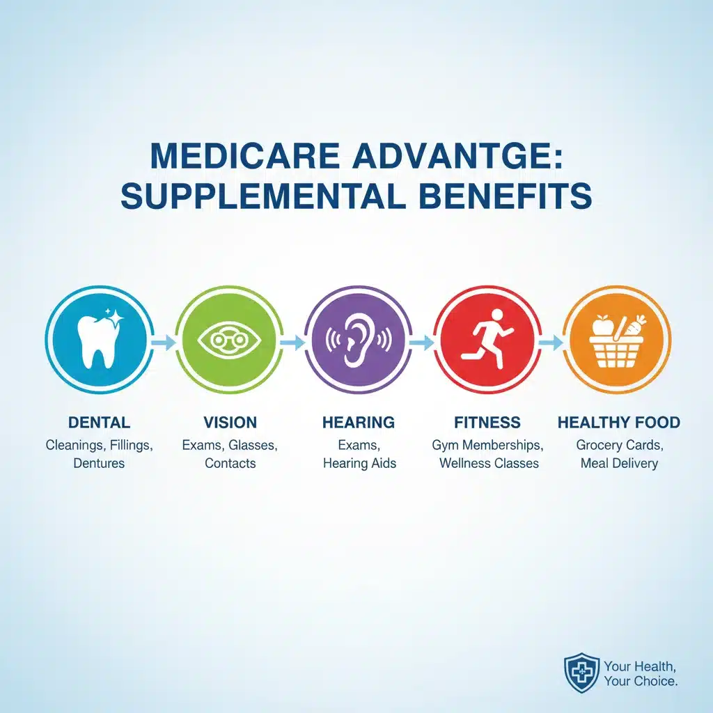 Infographic showing various Medicare Advantage supplemental benefits like dental, vision, and fitness.