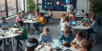 Modern classroom with students using emerging educational technologies like VR and interactive displays.