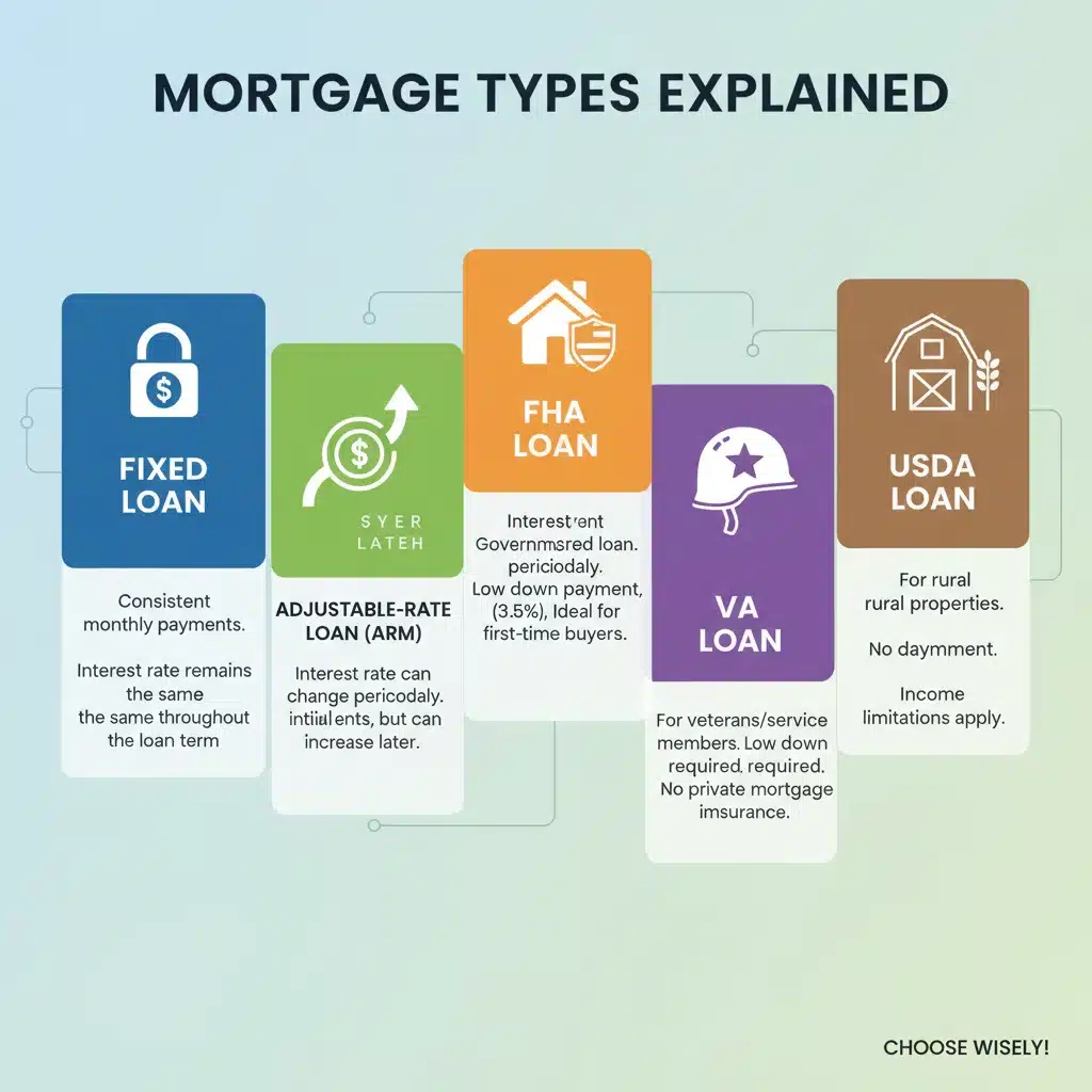 Infographic comparing various mortgage types for home buyers.