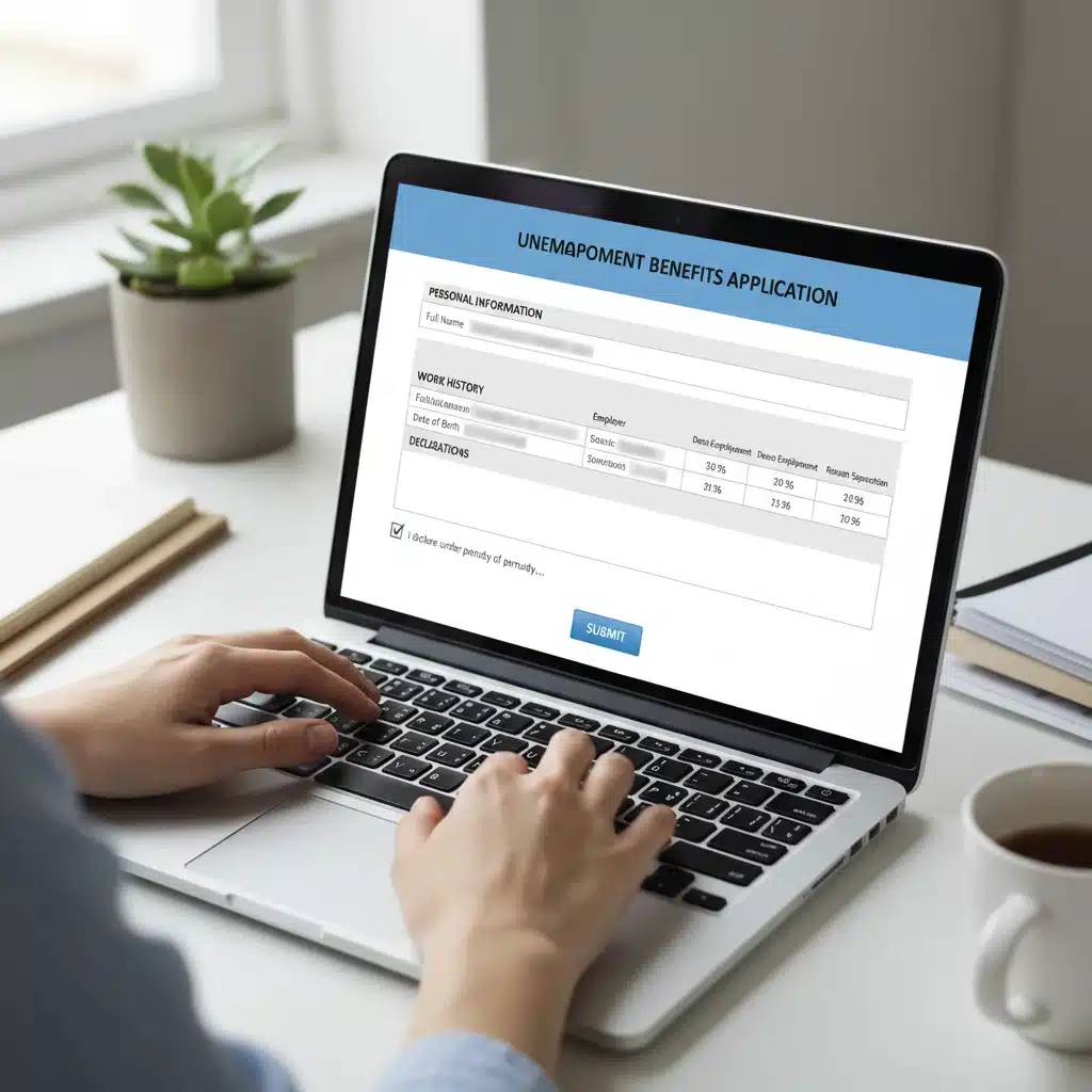 Person completing online unemployment application form on laptop