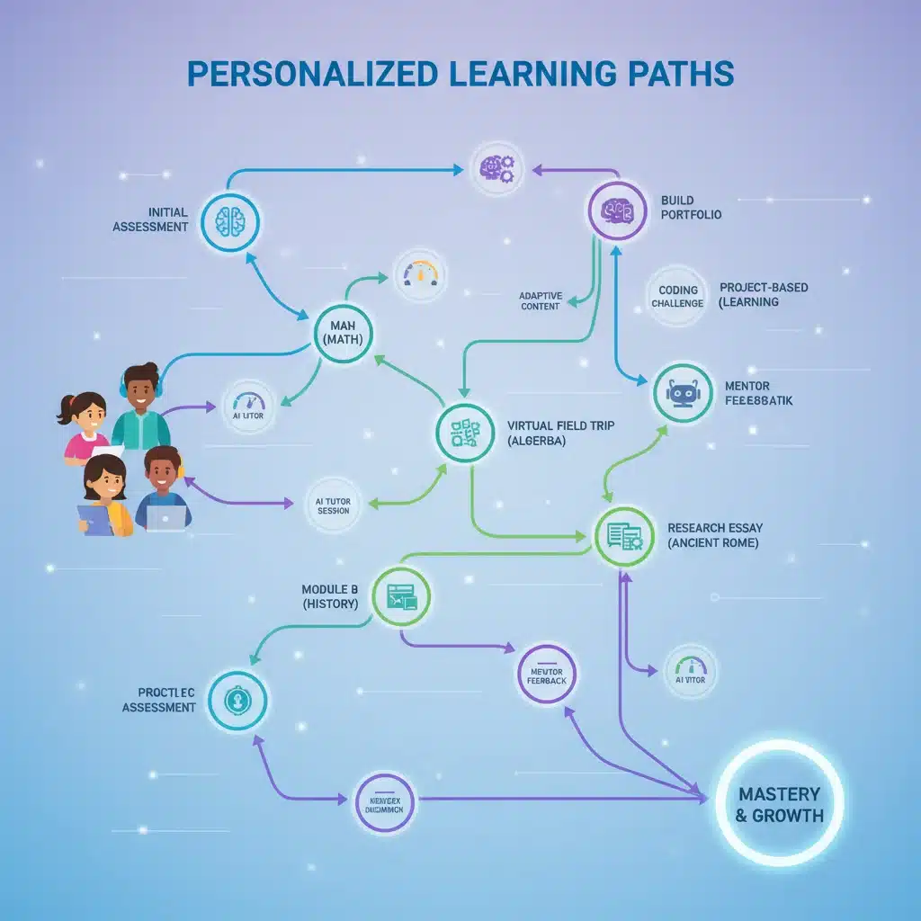 Infographic depicting personalized learning paths with adaptive content and AI support for students.