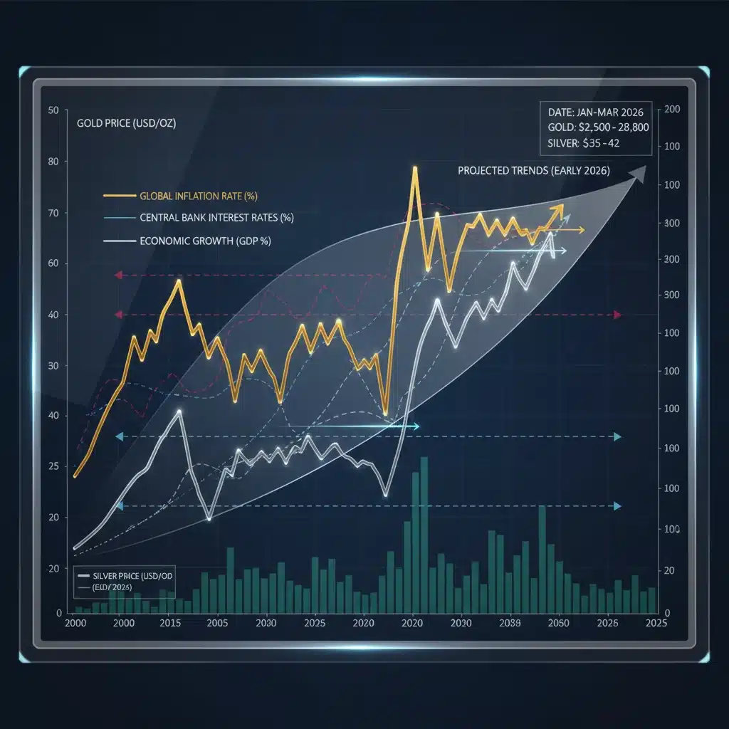 Financial chart showing gold and silver price trends and economic indicators