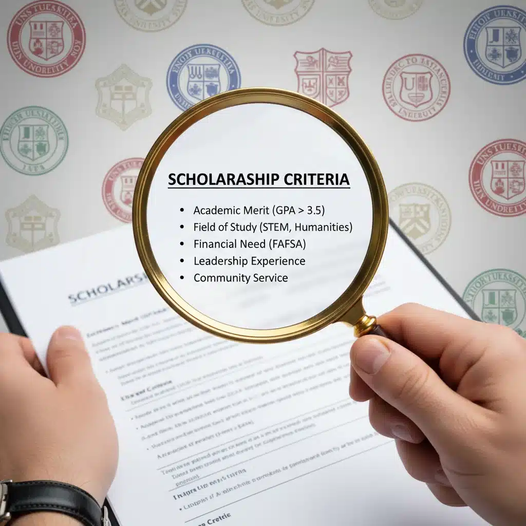 Magnifying glass examining scholarship criteria document