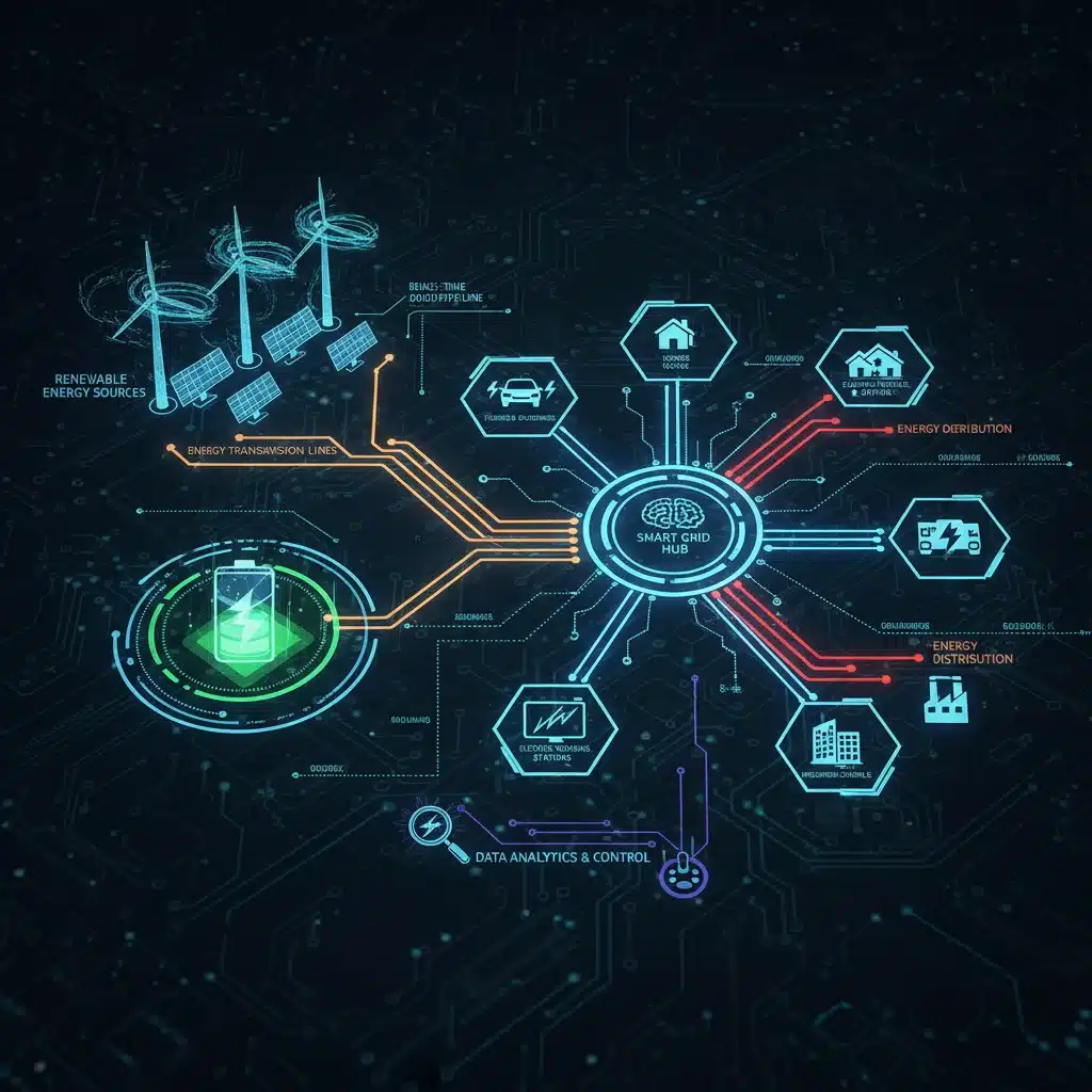Complex smart grid diagram showing renewable energy integration and efficient energy distribution.