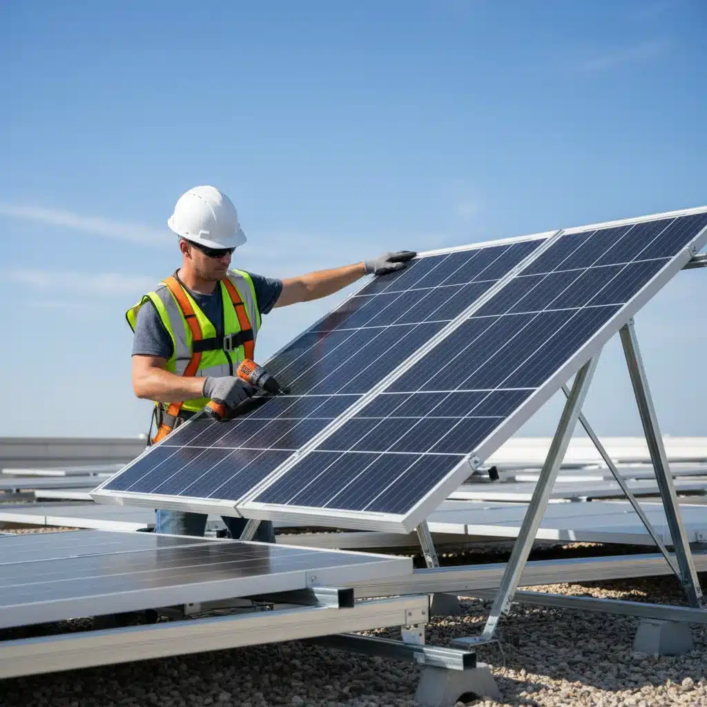 Skilled worker installing solar panels on a rooftop, symbolizing renewable energy job creation.