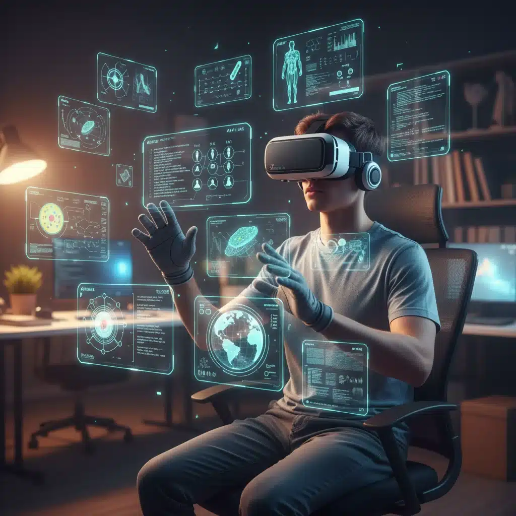 Student immersed in a virtual reality learning experience, exploring a simulated environment.
