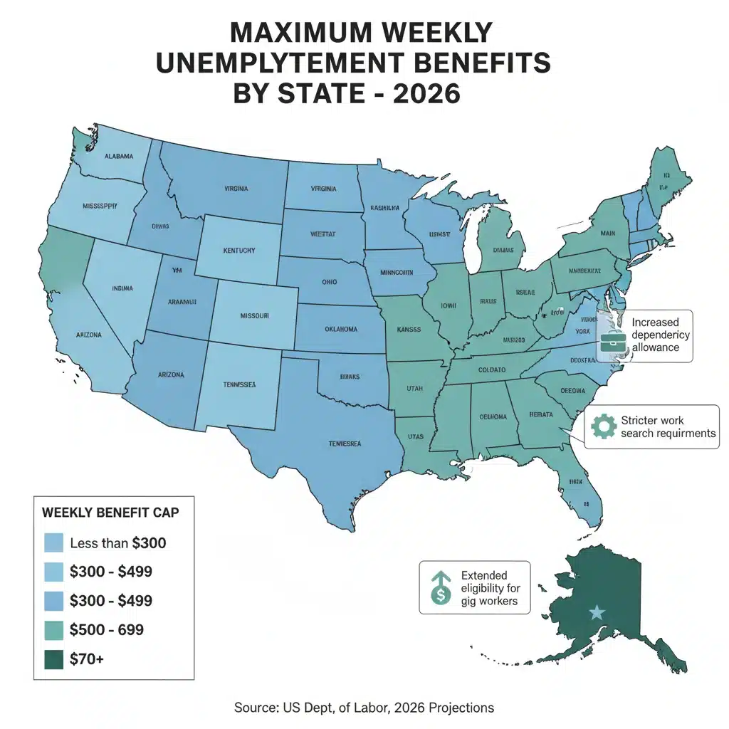 Map of US showing state by state unemployment benefit maximum payouts 2026