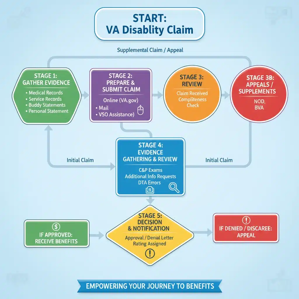 Flowchart detailing the VA disability benefits application process.