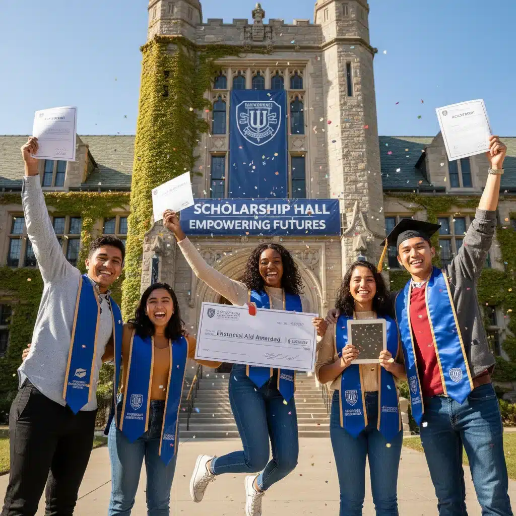 Diverse college students celebrating financial aid and university acceptance.