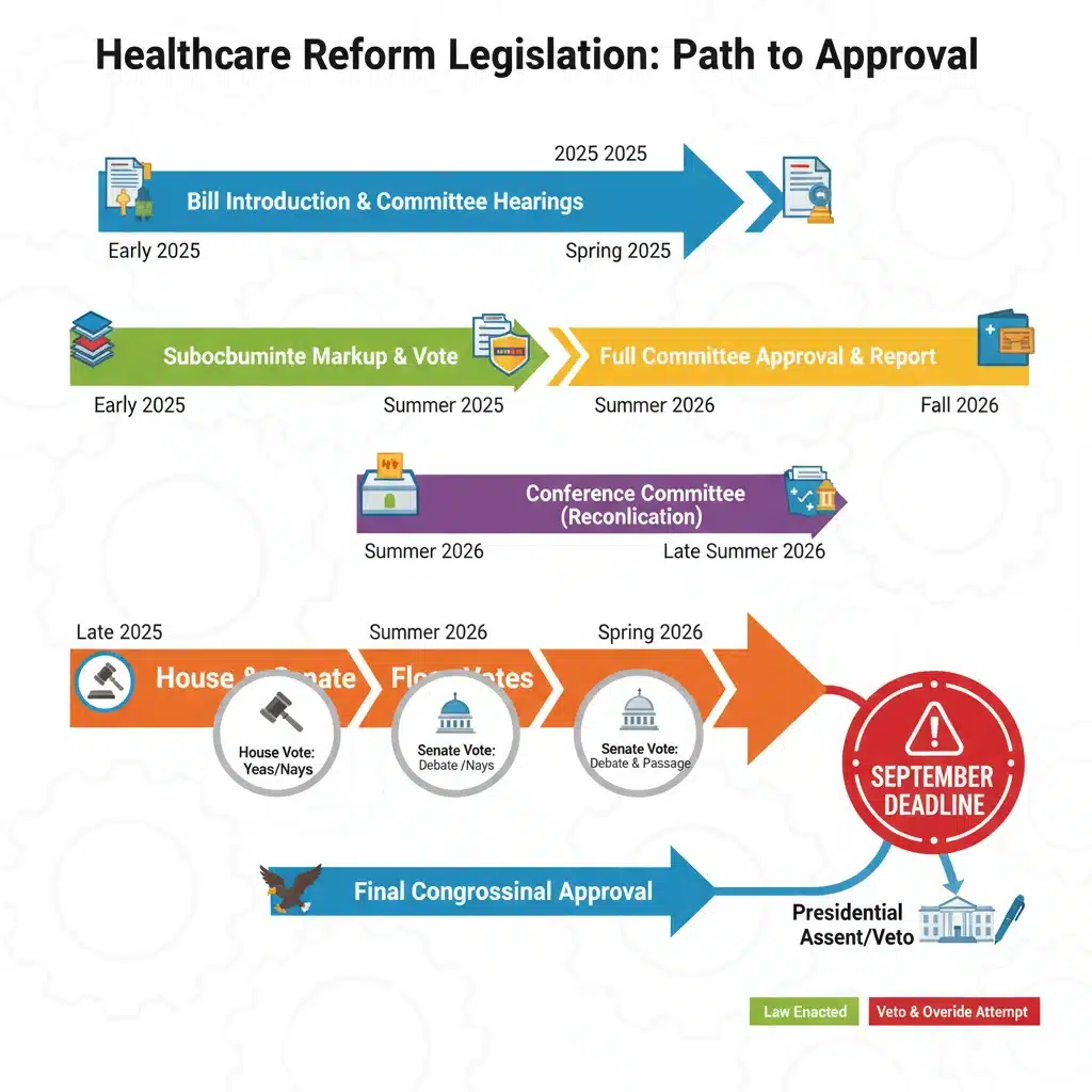 Infographic of healthcare reform legislative timeline with September 2026 deadline