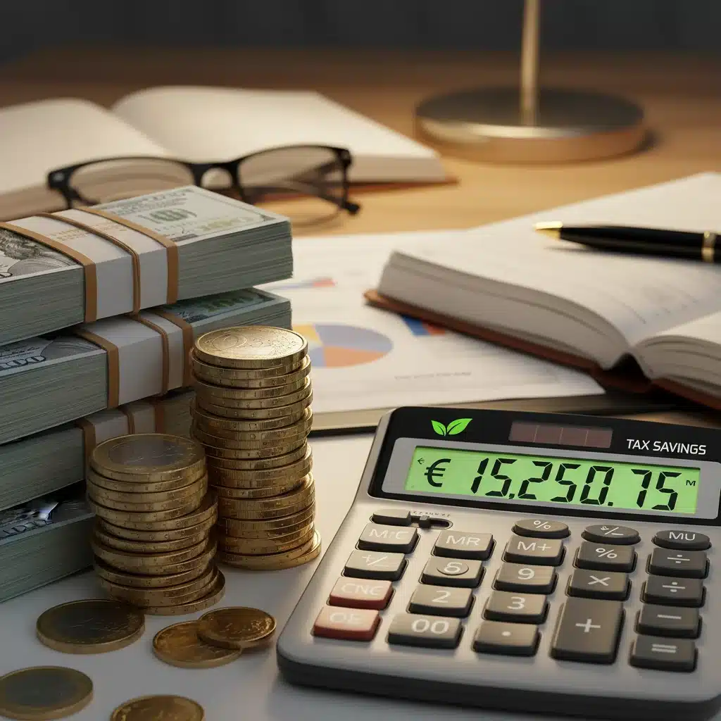 Calculator showing savings from tax deductions with money