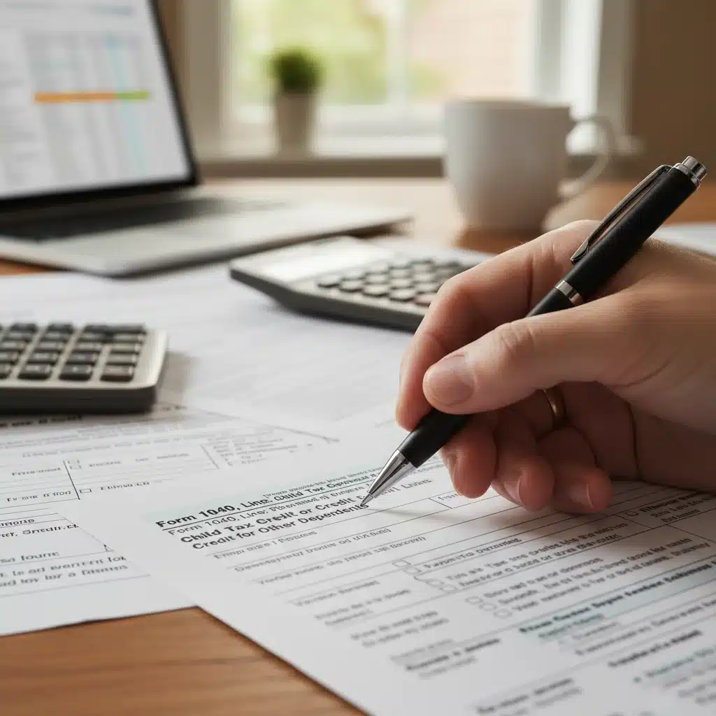 Hand pointing at tax form section for child tax credit details