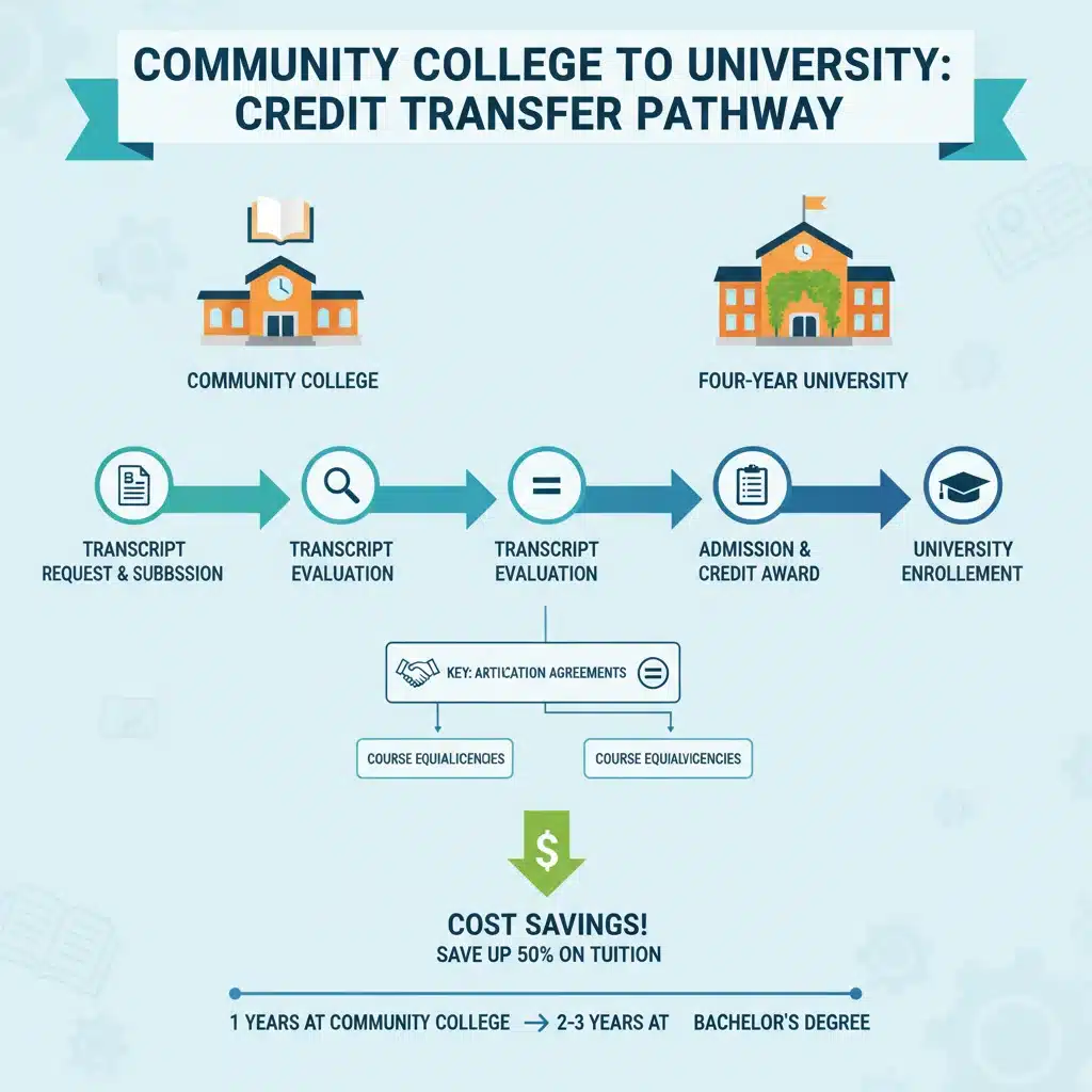 Infographic showing community college credit transfer process