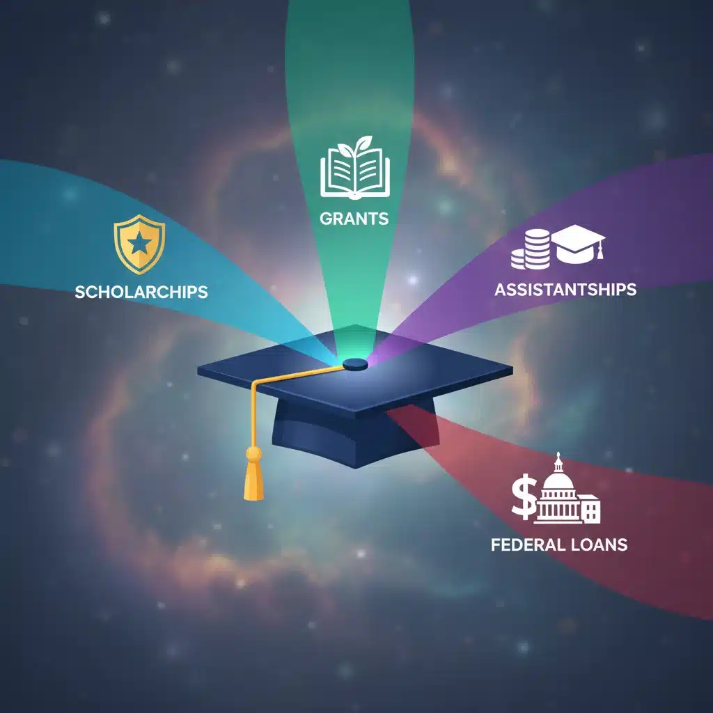 Multiple sources of graduate school funding converging into a graduation cap