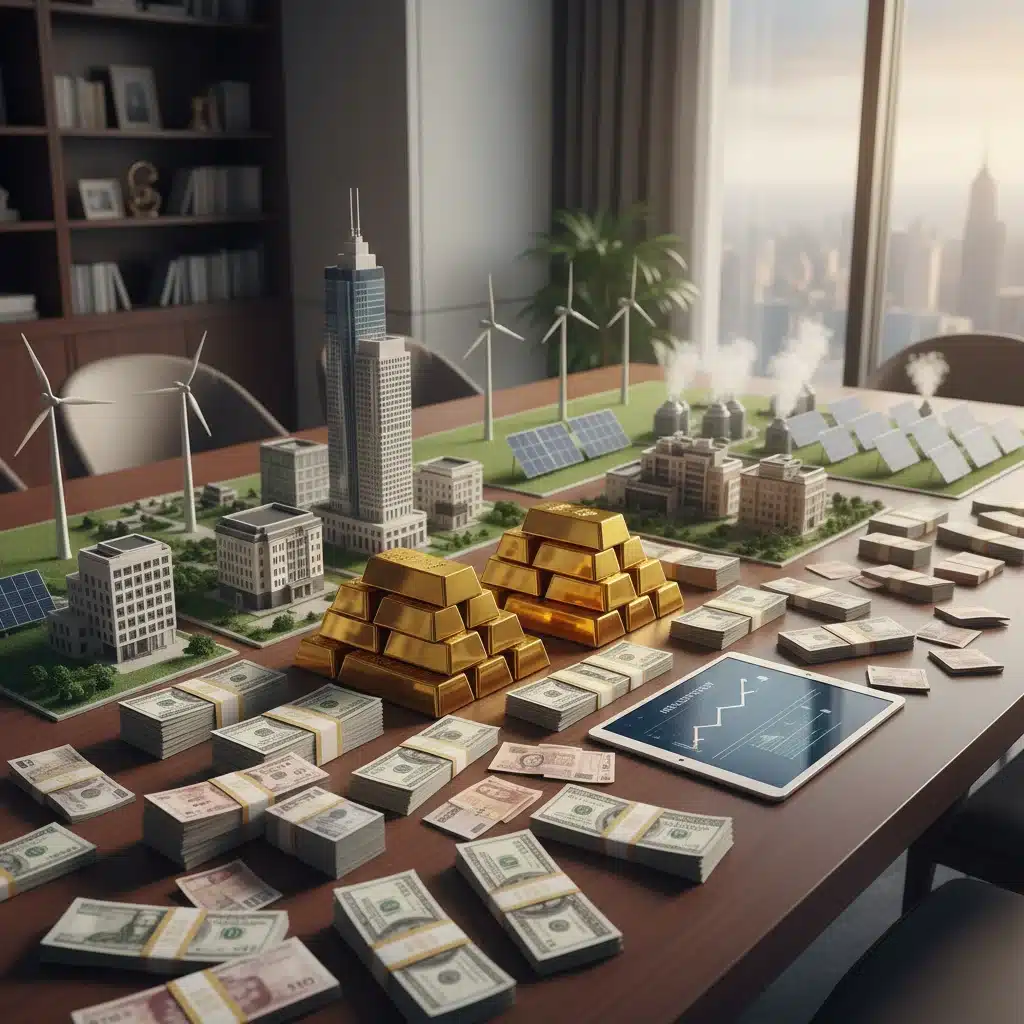Diverse assets including gold, cash, real estate, and renewable energy, illustrating a robust inflation-hedging portfolio.