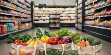 EBT card on top of fresh produce in grocery bags, symbolizing smart food shopping and budget stretching.
