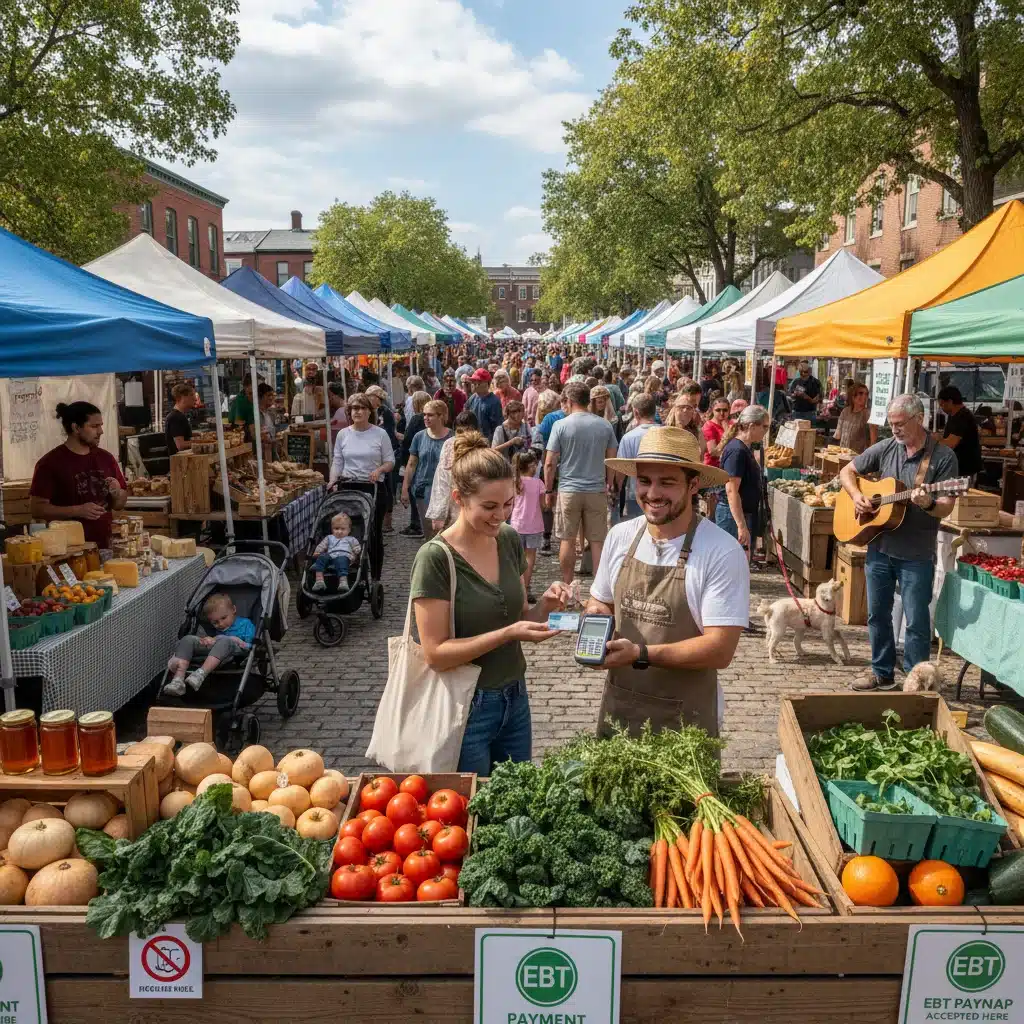 Customer using EBT card at a vibrant farmers' market, buying fresh local produce.