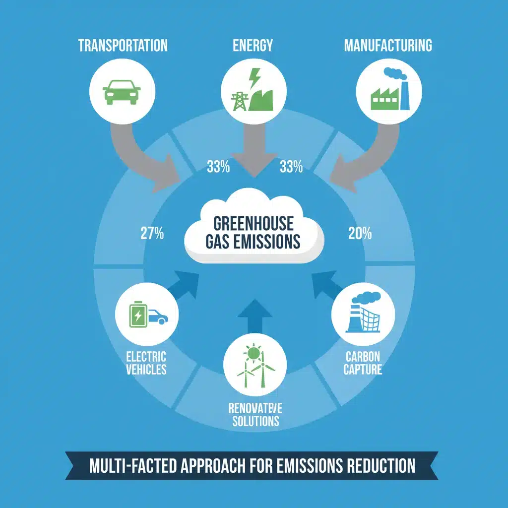Infographic showing sector-wise emissions and reduction strategies