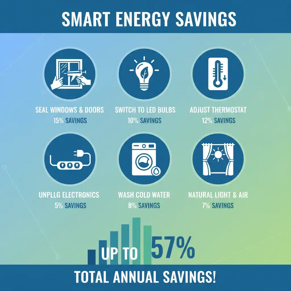Infographic displaying effective energy saving tips for households.