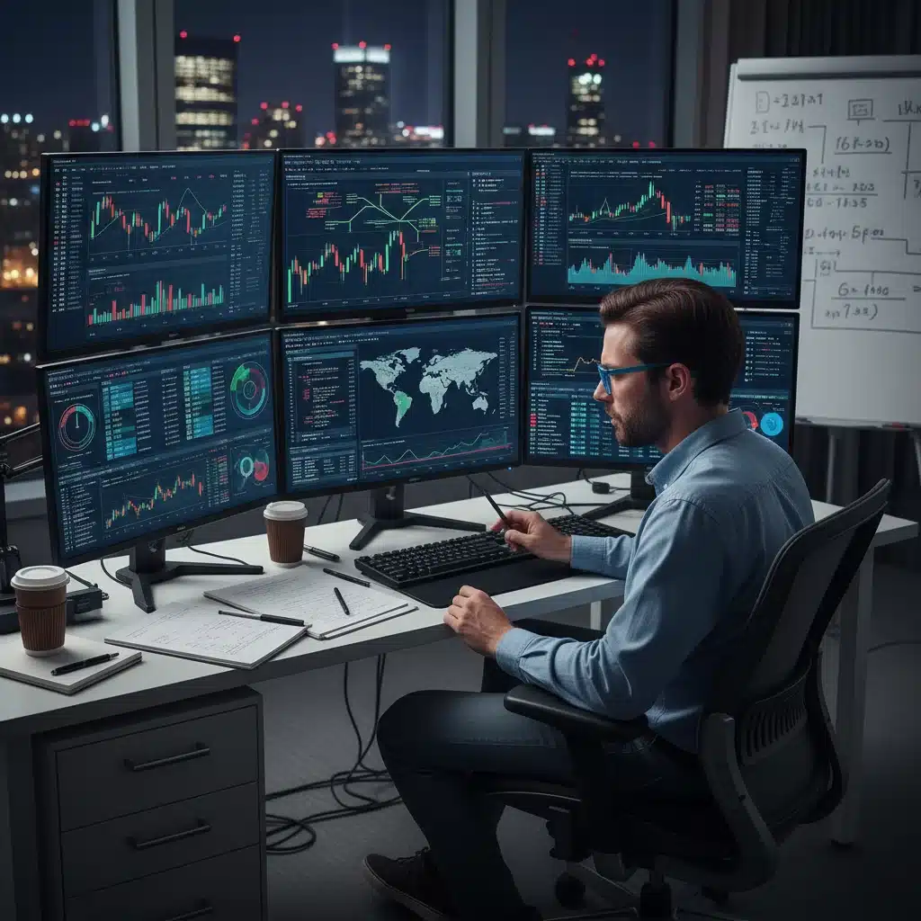 Financial analyst reviewing market trends and investment opportunities on several monitors, symbolizing careful portfolio management.