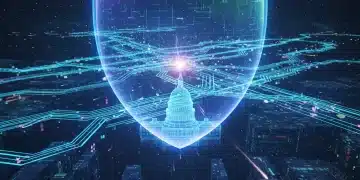 Futuristic digital network shield protecting US government against cyber threats