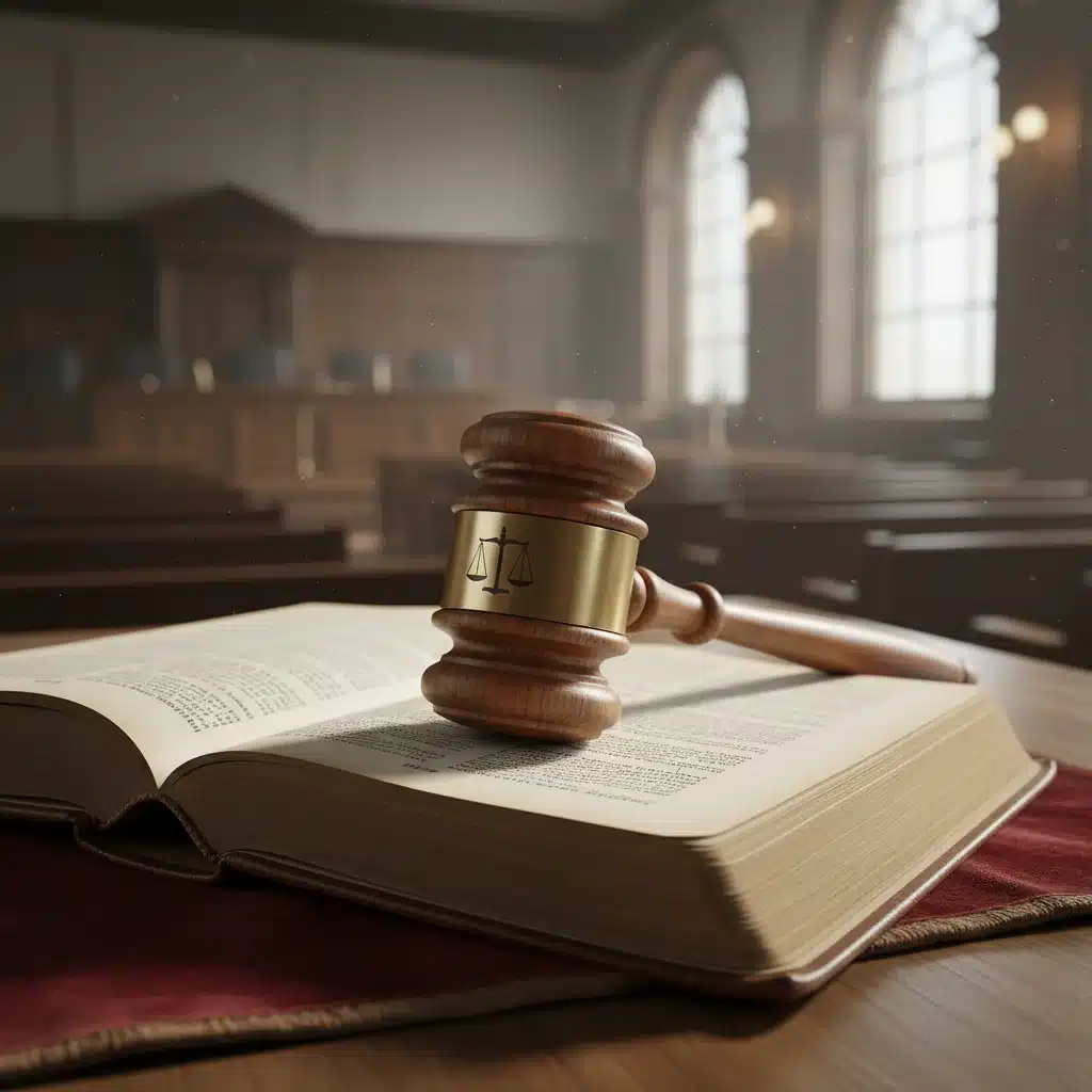 Gavel on legal textbook, symbolizing judicial decision-making.
