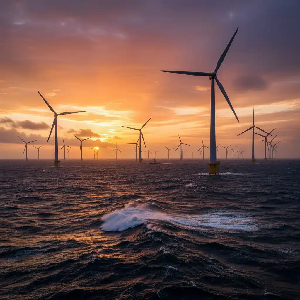 Offshore wind farm at sunset, showcasing the scale and power of wind energy production.