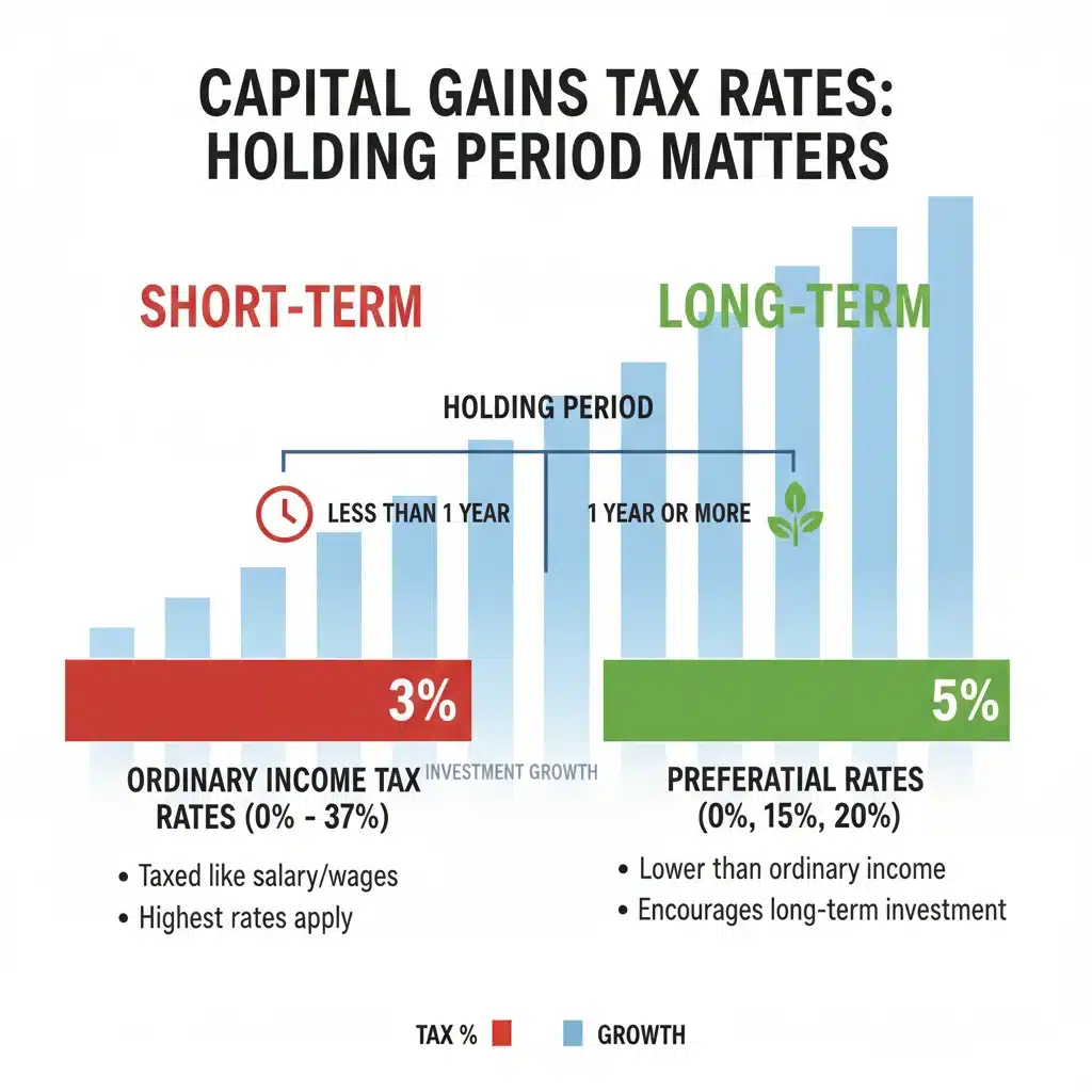 Infographic comparing short-term vs long-term capital gains tax rates