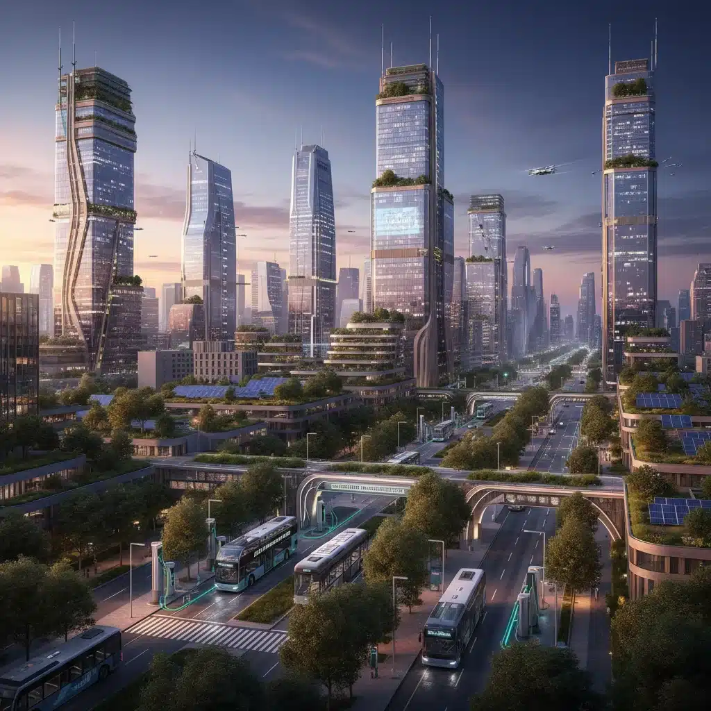 Future cityscape with sustainable infrastructure and clean air due to emissions regulations